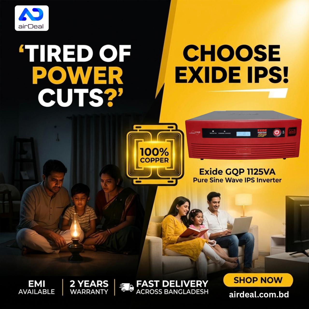 EXIDE GQP 1125VA Pure Sine Wave IPS Inverter, 12V