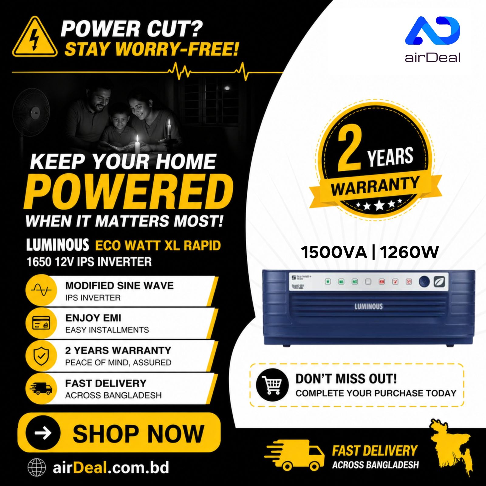 Luminous Eco Watt XL Rapid 1650, 12V IPS Inverter